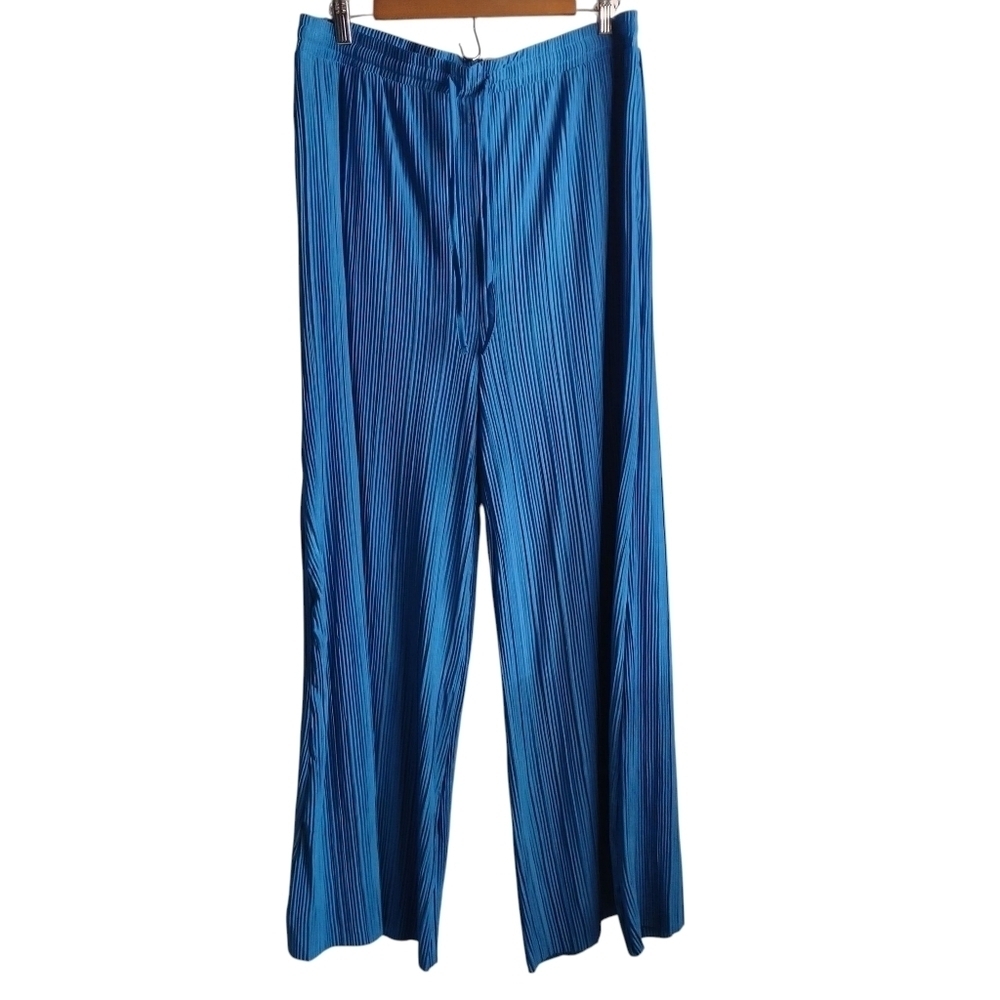 Serra Women's Pants Blue Wide Leg Stretch Pull On Pleated Mid Rise Sz L NWT